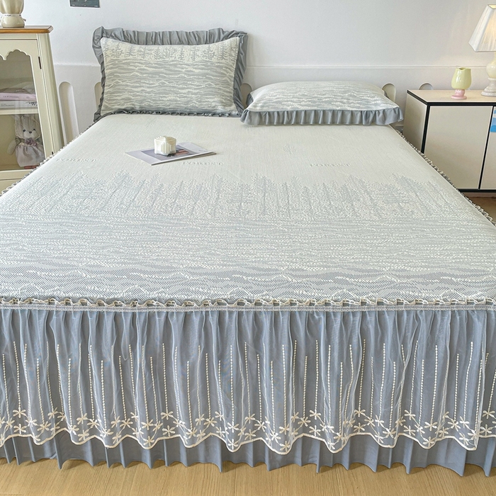 91家纺网 家纺一手货源 找家纺 铠畅家纺  2026新款冰豆豆PE高分子凉感印花床裙款凉席三件套 幸运树系列 幸运树-灰