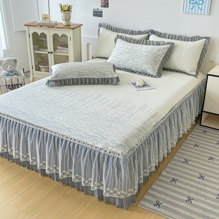 91家纺网 家纺一手货源 找家纺 铠畅家纺  2026新款冰豆豆PE高分子凉感印花床裙款凉席三件套 幸运树系列 幸运树-灰