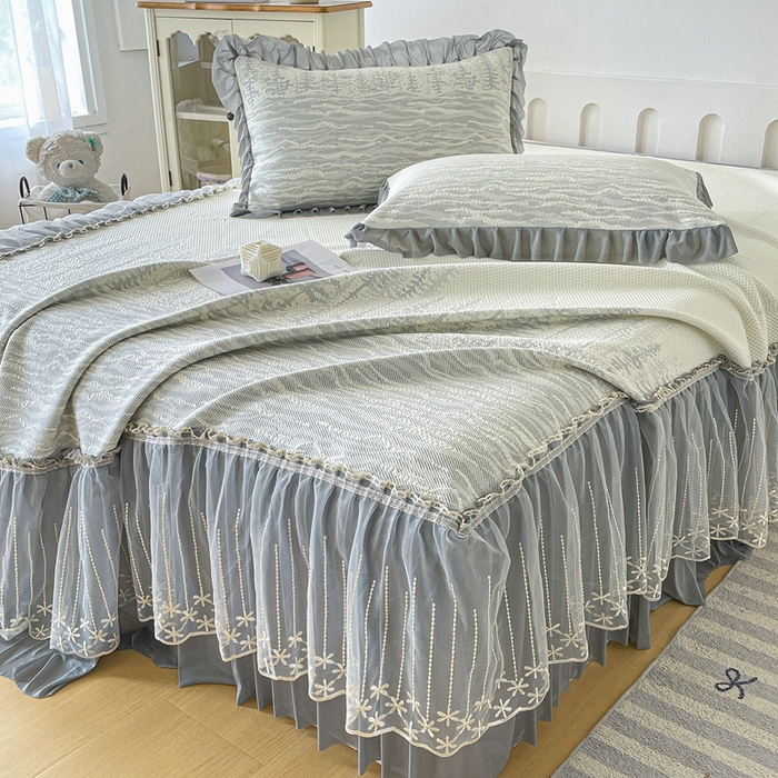 铠畅家纺  2026新款冰豆豆PE高分子凉感印花床裙款凉席三件套 幸运树系列 幸运树-灰