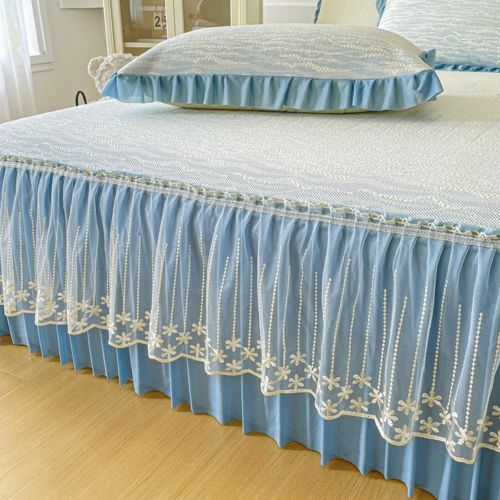 91家纺网 家纺一手货源 找家纺 铠畅家纺  2026新款冰豆豆PE高分子凉感印花床裙款凉席三件套 幸运树系列 幸运树-蓝