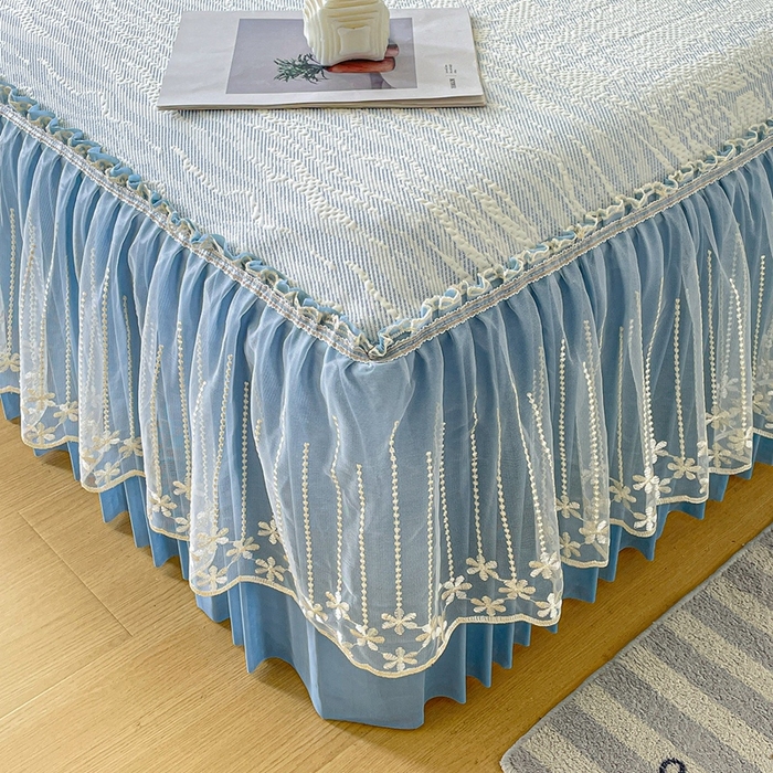 91家纺网 家纺一手货源 找家纺 铠畅家纺  2026新款冰豆豆PE高分子凉感印花床裙款凉席三件套 幸运树系列 幸运树-蓝