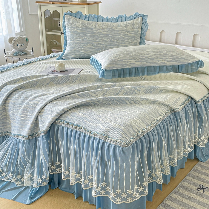 铠畅家纺  2026新款冰豆豆PE高分子凉感印花床裙款凉席三件套 幸运树系列 幸运树-蓝