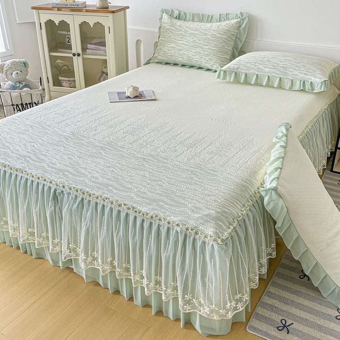 91家纺网 家纺一手货源 找家纺 铠畅家纺  2026新款冰豆豆PE高分子凉感印花床裙款凉席三件套 幸运树系列 幸运树-绿