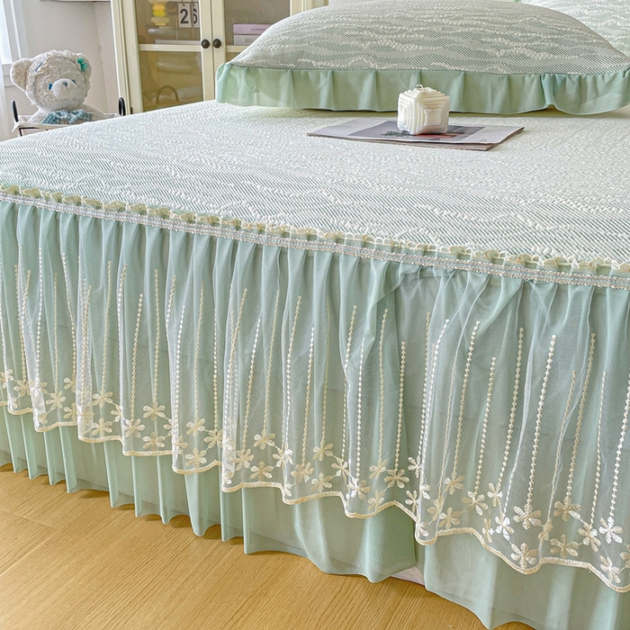 91家纺网 家纺一手货源 找家纺 铠畅家纺  2026新款冰豆豆PE高分子凉感印花床裙款凉席三件套 幸运树系列 幸运树-绿