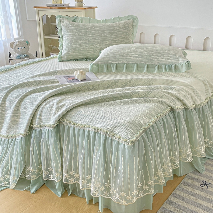 铠畅家纺  2026新款冰豆豆PE高分子凉感印花床裙款凉席三件套 幸运树系列 幸运树-绿