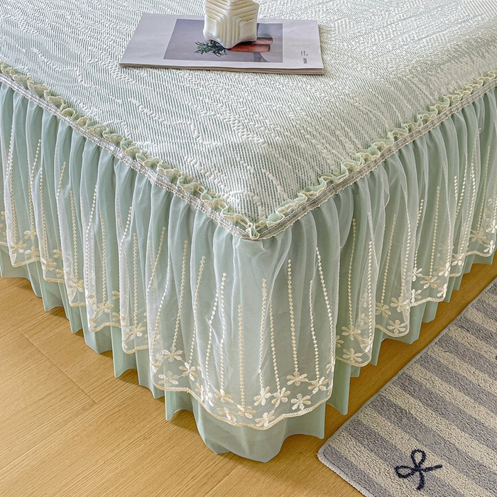 91家纺网 家纺一手货源 找家纺 铠畅家纺  2026新款冰豆豆PE高分子凉感印花床裙款凉席三件套 幸运树系列 幸运树-绿