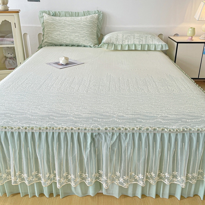 91家纺网 家纺一手货源 找家纺 铠畅家纺  2026新款冰豆豆PE高分子凉感印花床裙款凉席三件套 幸运树系列 幸运树-绿