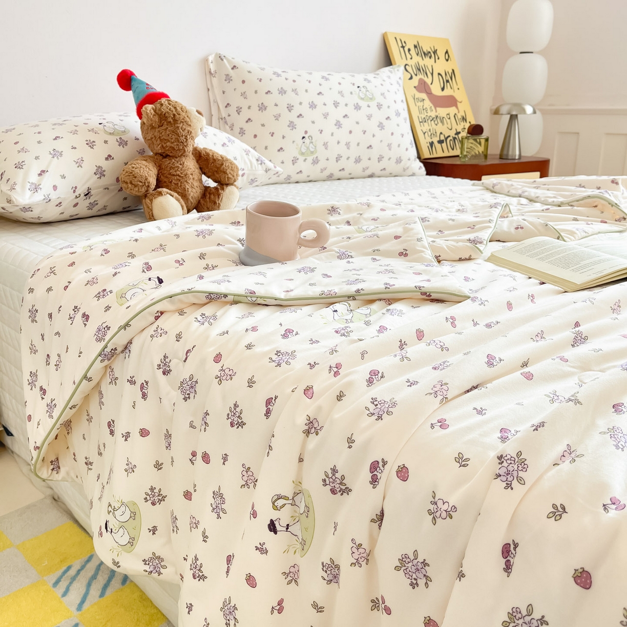 91家纺网 家纺一手货源 找家纺 一加一 2026新款A类牛奶丝针织棉大豆夏被夏凉被空调被 你好鸭！