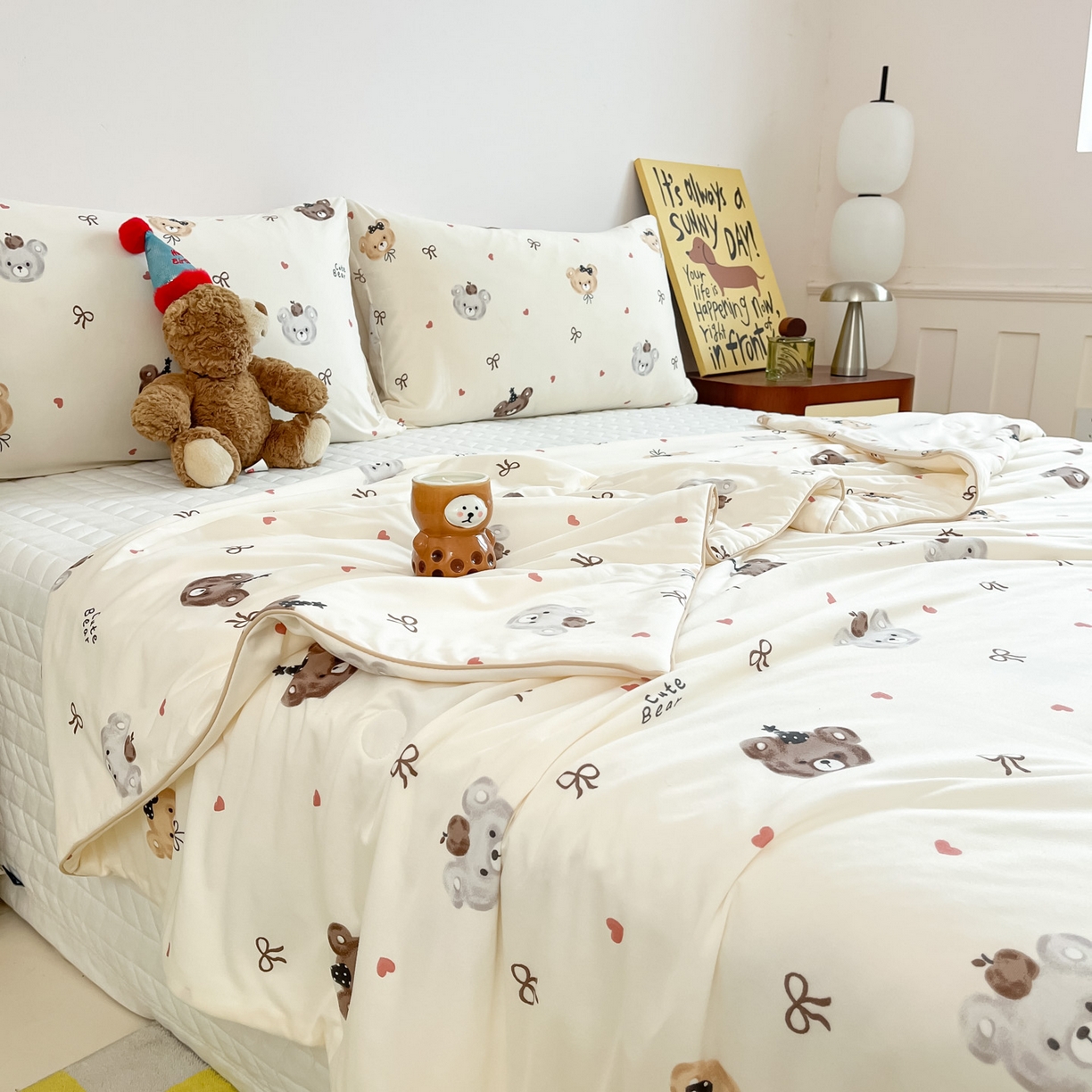 91家纺网 家纺一手货源 找家纺 一加一 2026新款A类牛奶丝针织棉大豆夏被夏凉被空调被 美拉德熊