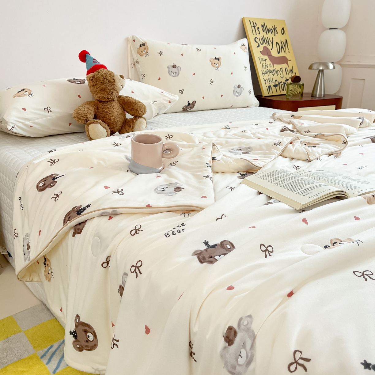 91家纺网 家纺一手货源 找家纺 一加一 2026新款A类牛奶丝针织棉大豆夏被夏凉被空调被 美拉德熊