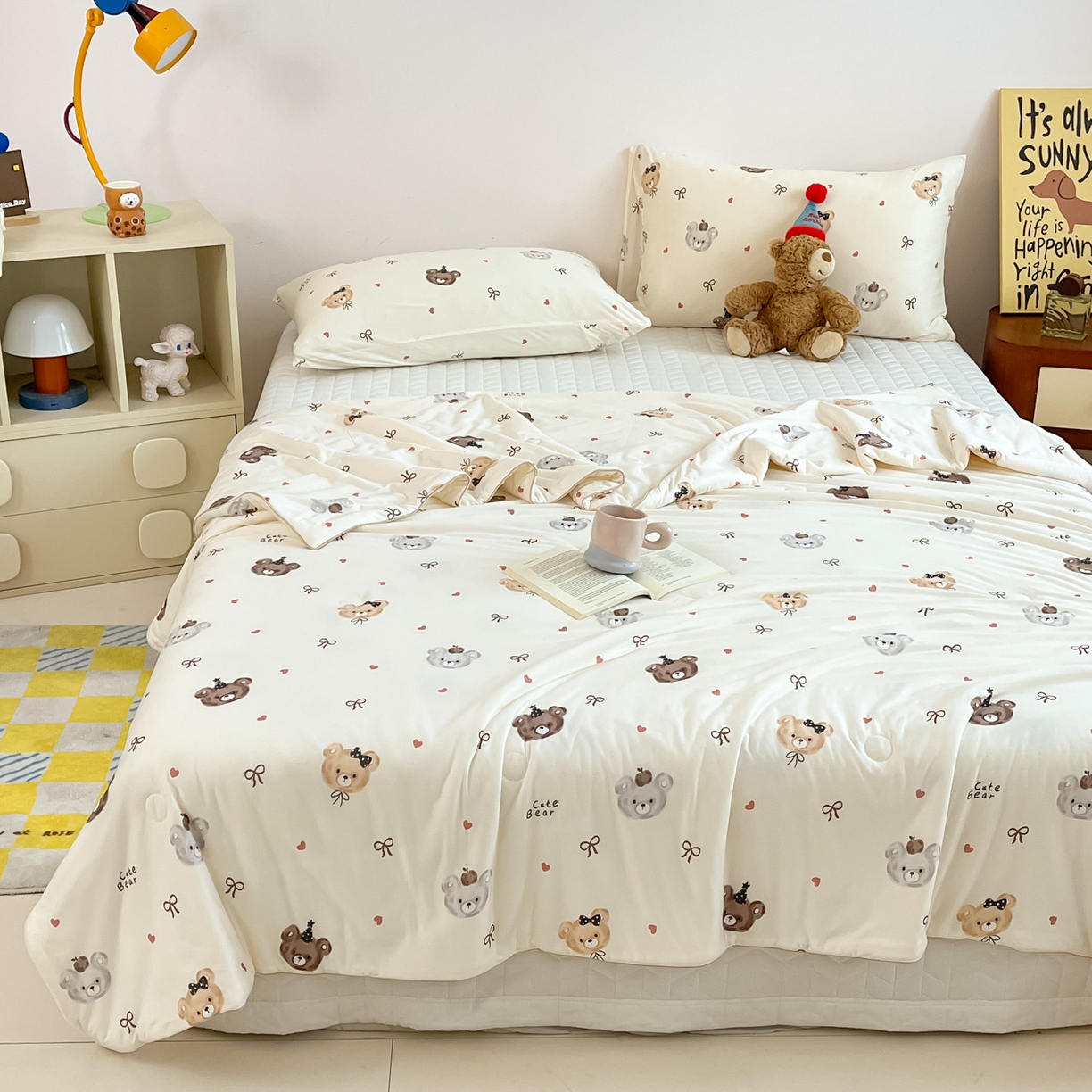 91家纺网 家纺一手货源 找家纺 一加一 2026新款A类牛奶丝针织棉大豆夏被夏凉被空调被 美拉德熊