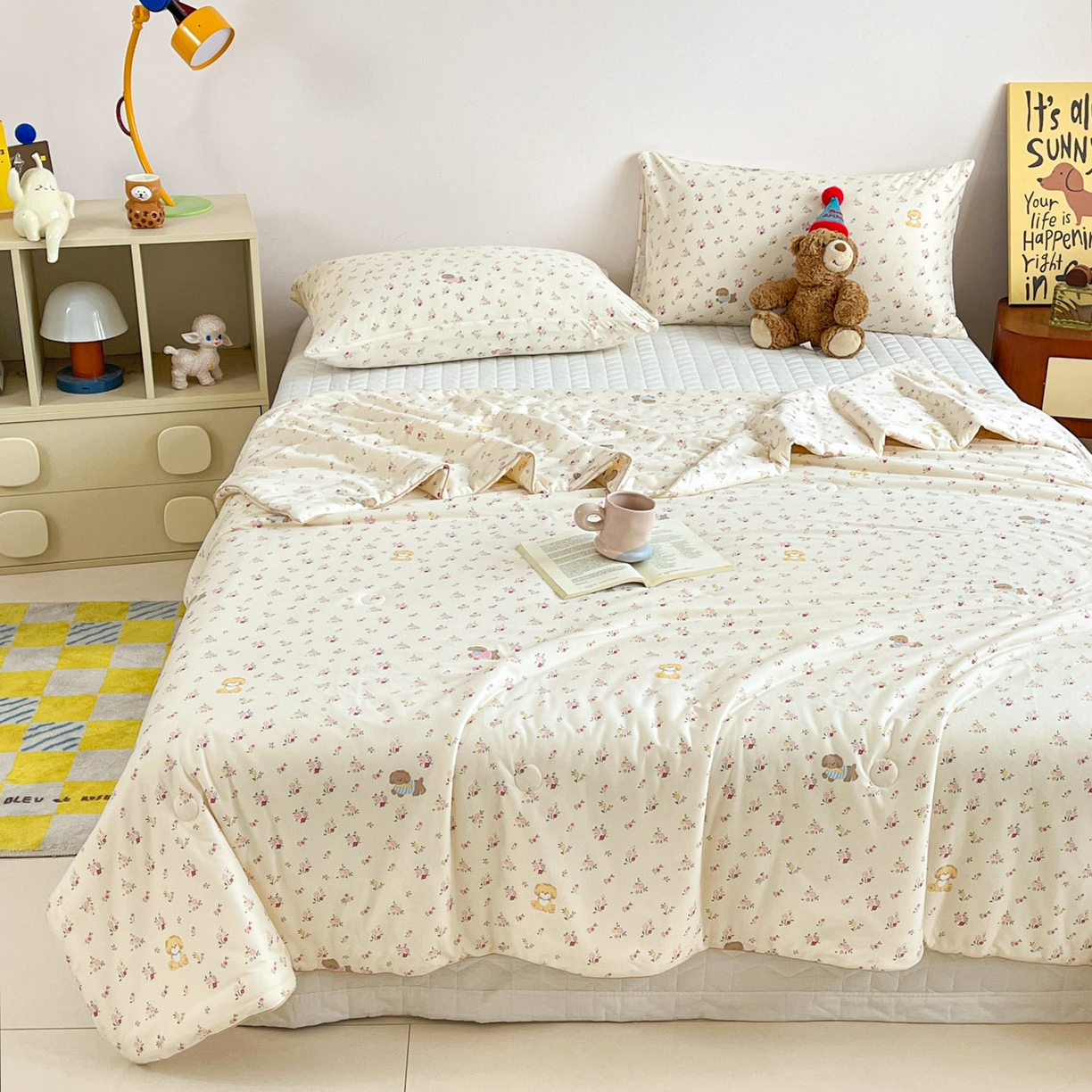 91家纺网 家纺一手货源 找家纺 一加一 2026新款A类牛奶丝针织棉大豆夏被夏凉被空调被 花径小狗