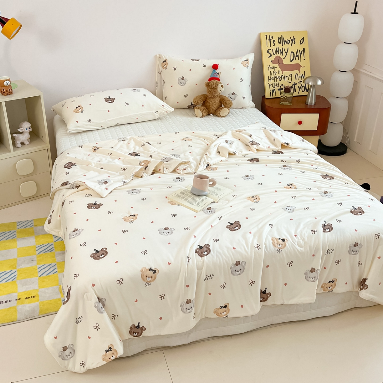 91家纺网 家纺一手货源 找家纺 一加一 2026新款A类牛奶丝针织棉大豆夏被夏凉被空调被 美拉德熊