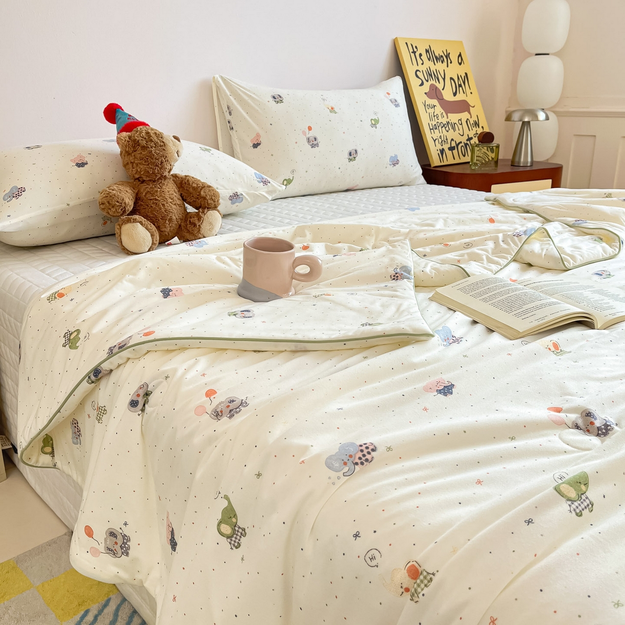 91家纺网 家纺一手货源 找家纺 一加一 2026新款A类牛奶丝针织棉大豆夏被夏凉被空调被 小象来喽