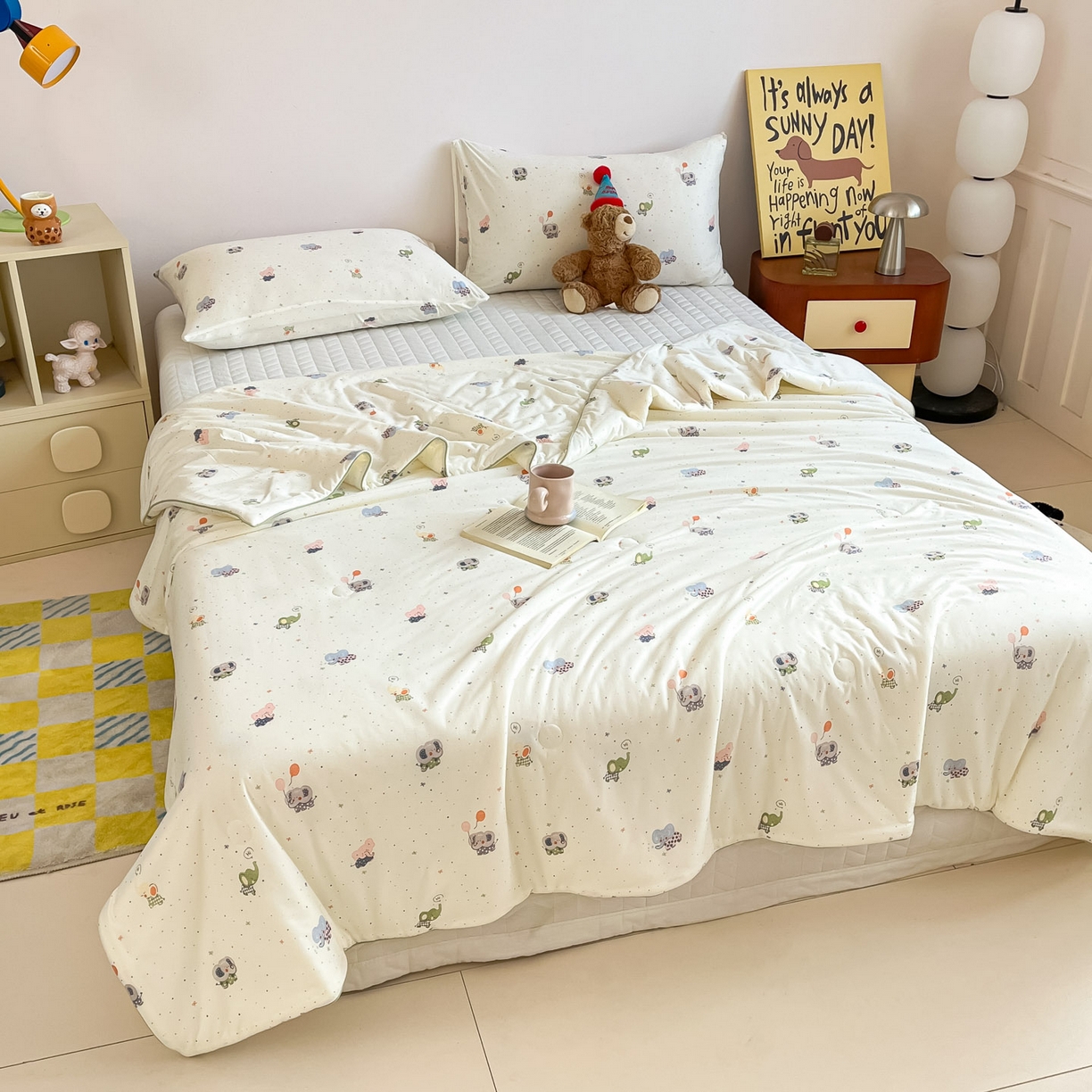 91家纺网 家纺一手货源 找家纺 一加一 2026新款A类牛奶丝针织棉大豆夏被夏凉被空调被 小象来喽