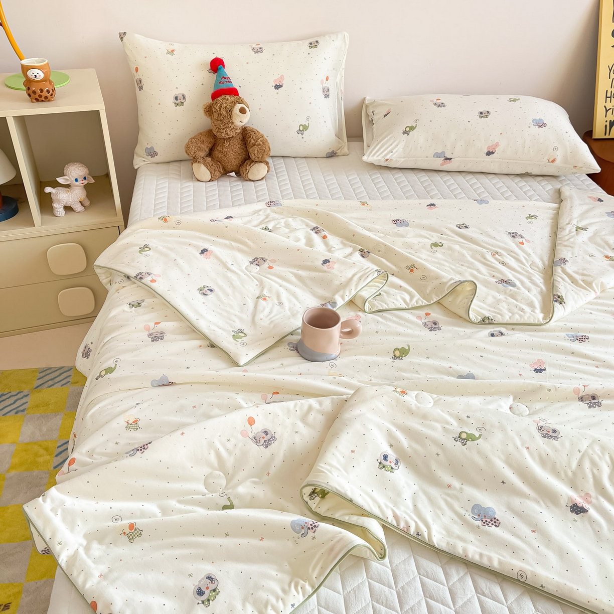 91家纺网 家纺一手货源 找家纺 一加一 2026新款A类牛奶丝针织棉大豆夏被夏凉被空调被 小象来喽