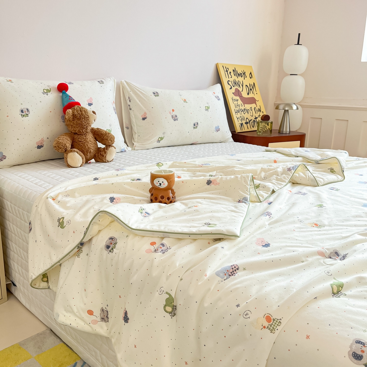 91家纺网 家纺一手货源 找家纺 一加一 2026新款A类牛奶丝针织棉大豆夏被夏凉被空调被 小象来喽