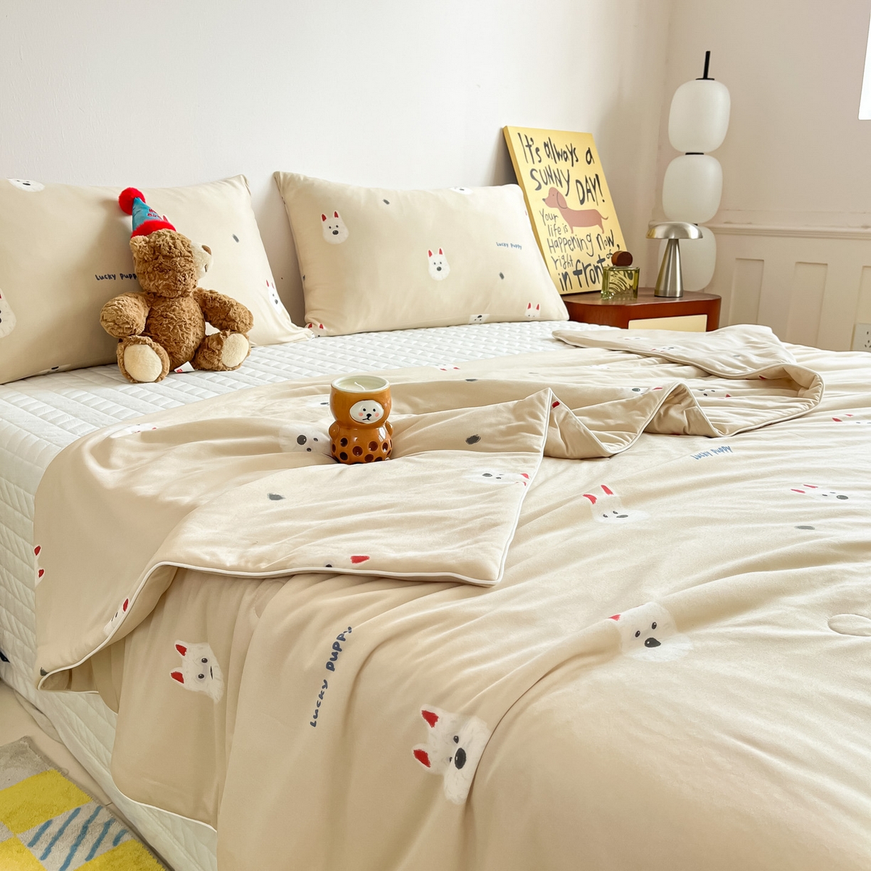 91家纺网 家纺一手货源 找家纺 一加一 2026新款A类牛奶丝针织棉大豆夏被夏凉被空调被 可乐修狗