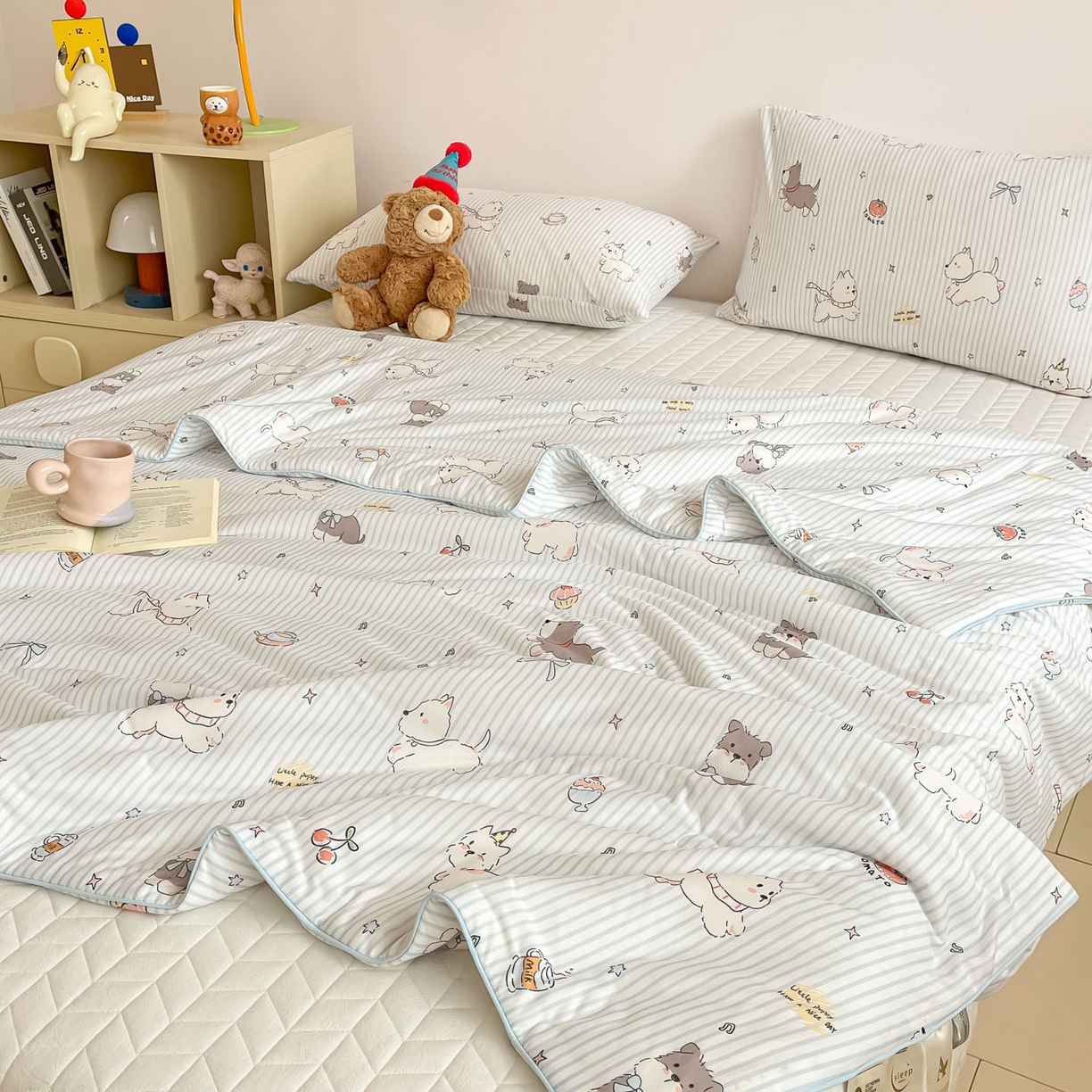 91家纺网 家纺一手货源 找家纺 一加一 2026新款A类牛奶丝针织棉大豆夏被夏凉被空调被 条纹西高地