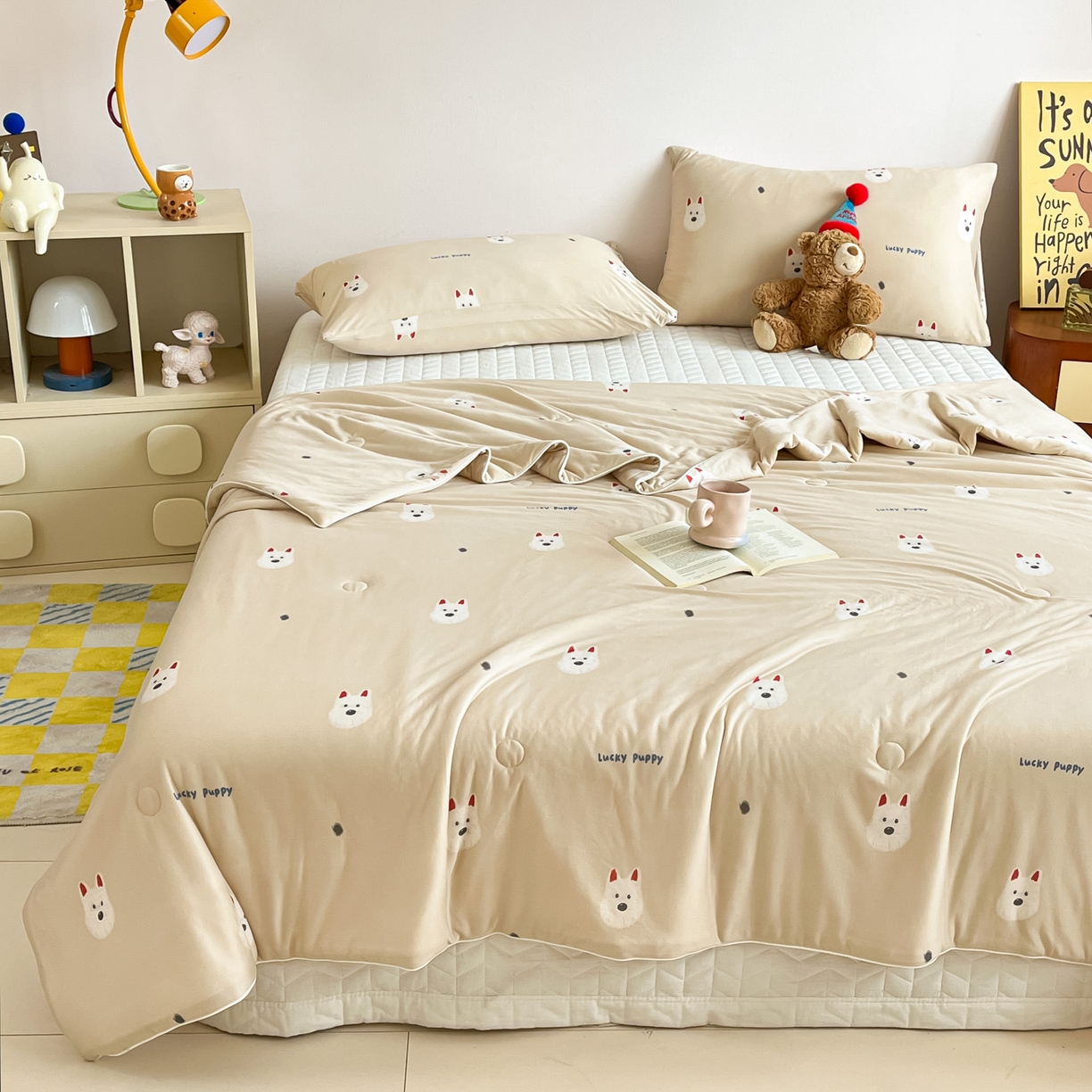 91家纺网 家纺一手货源 找家纺 一加一 2026新款A类牛奶丝针织棉大豆夏被夏凉被空调被 可乐修狗