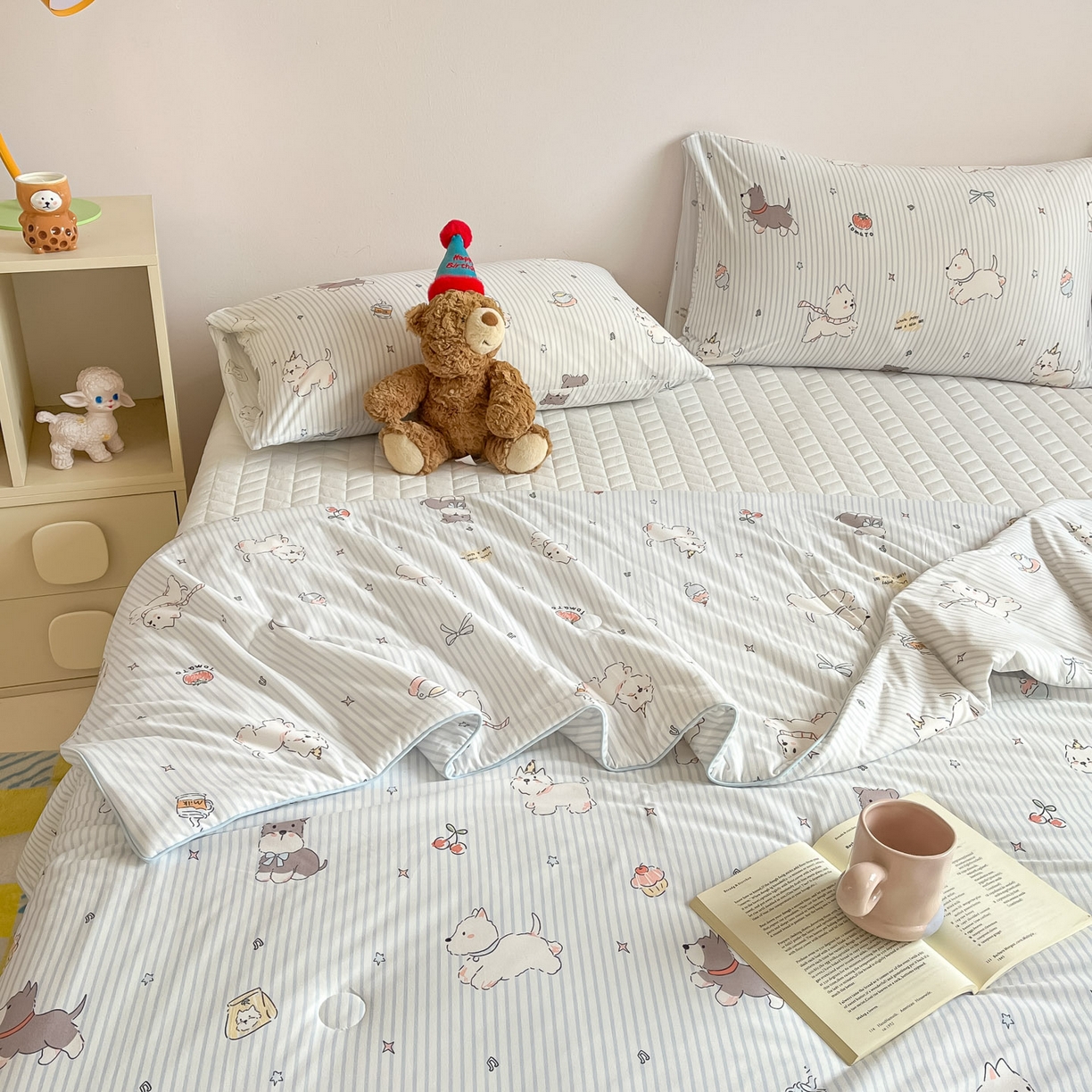 91家纺网 家纺一手货源 找家纺 一加一 2026新款A类牛奶丝针织棉大豆夏被夏凉被空调被 条纹西高地