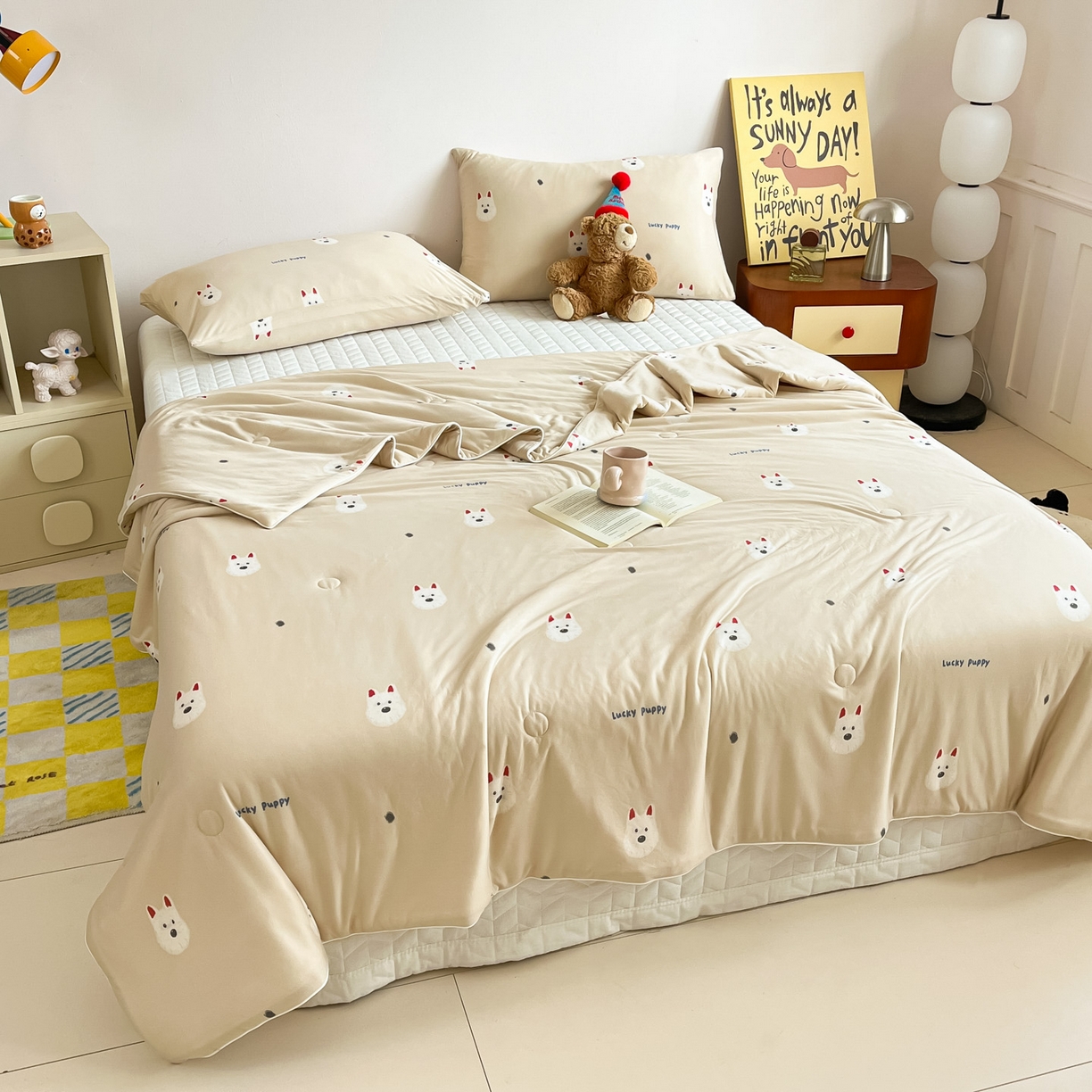 91家纺网 家纺一手货源 找家纺 一加一 2026新款A类牛奶丝针织棉大豆夏被夏凉被空调被 可乐修狗