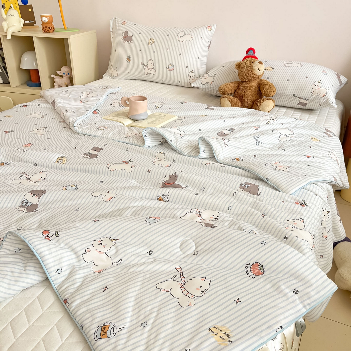 91家纺网 家纺一手货源 找家纺 一加一 2026新款A类牛奶丝针织棉大豆夏被夏凉被空调被 条纹西高地