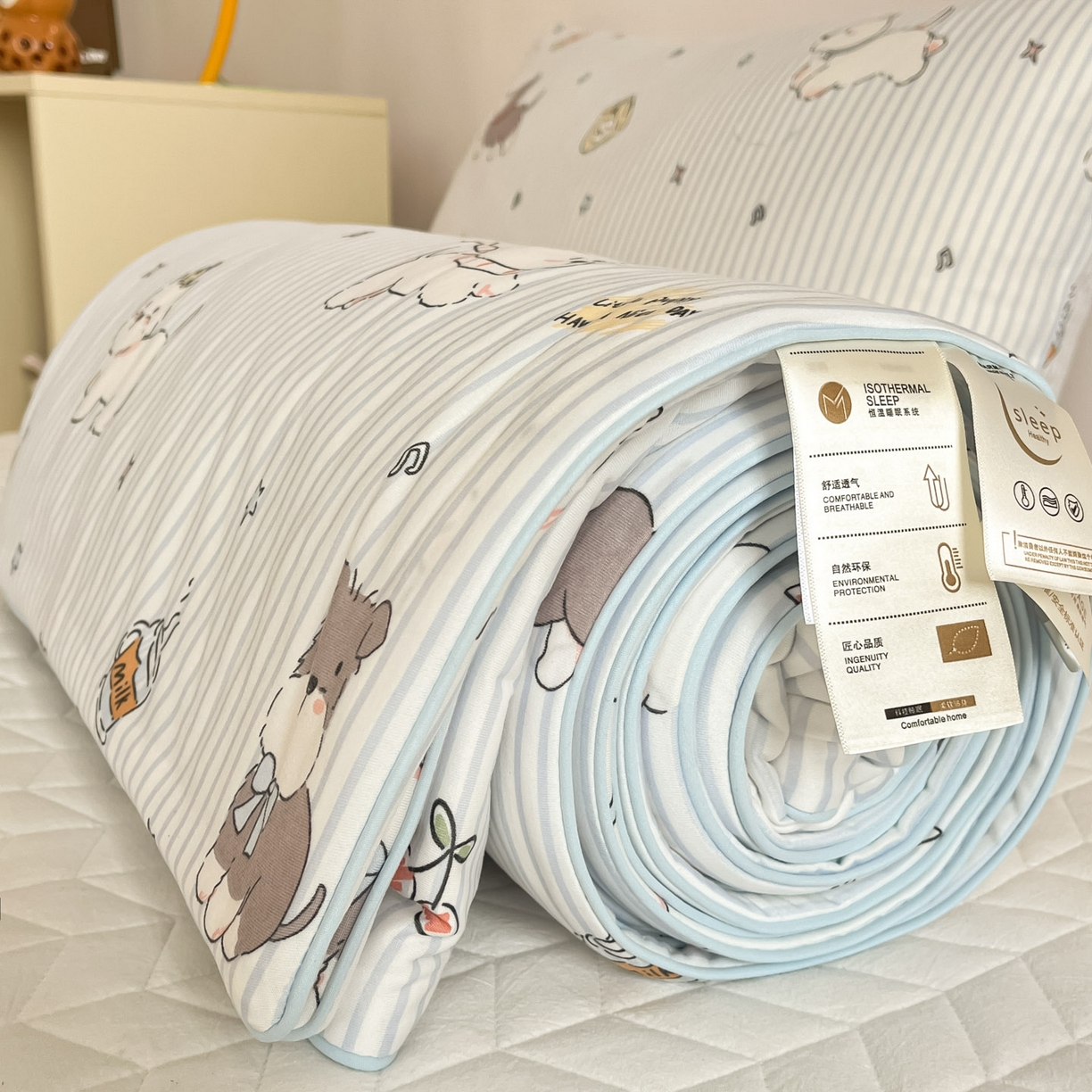 91家纺网 家纺一手货源 找家纺 一加一 2026新款A类牛奶丝针织棉大豆夏被夏凉被空调被 条纹西高地