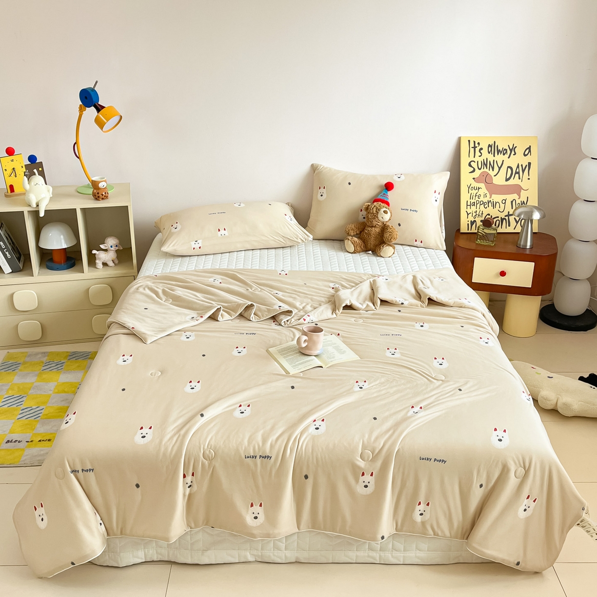 91家纺网 家纺一手货源 找家纺 一加一 2026新款A类牛奶丝针织棉大豆夏被夏凉被空调被 可乐修狗