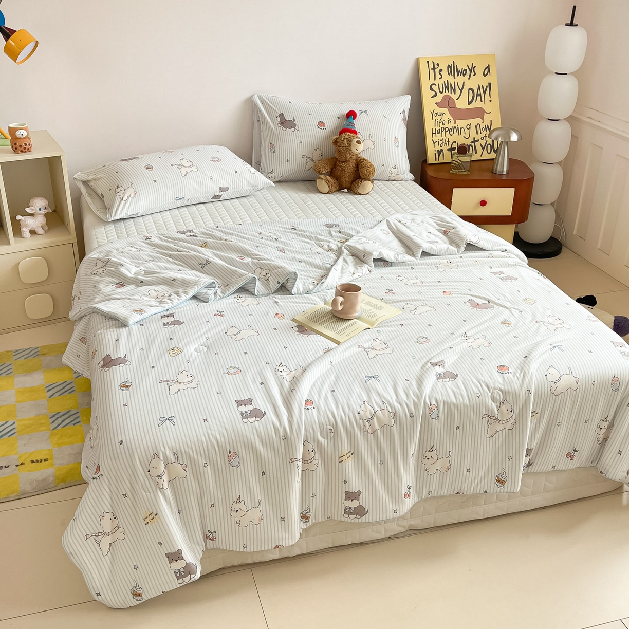 91家纺网 家纺一手货源 找家纺 一加一 2026新款A类牛奶丝针织棉大豆夏被夏凉被空调被 条纹西高地