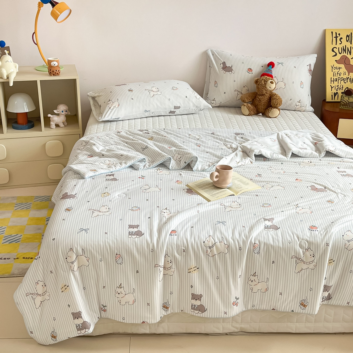 91家纺网 家纺一手货源 找家纺 一加一 2026新款A类牛奶丝针织棉大豆夏被夏凉被空调被 条纹西高地