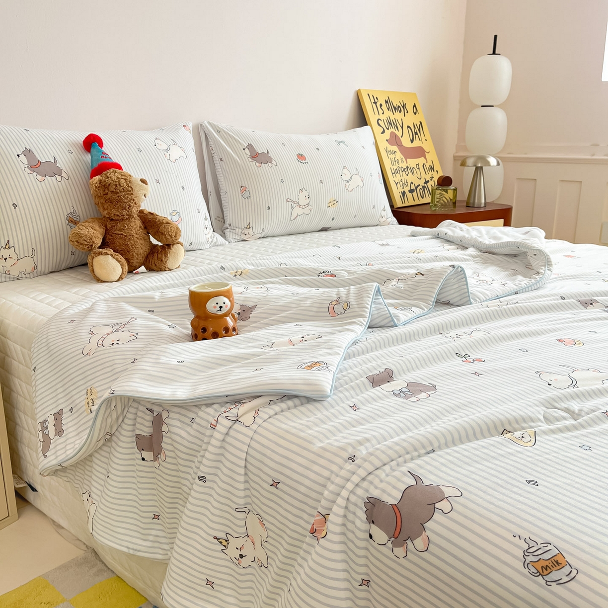 91家纺网 家纺一手货源 找家纺 一加一 2026新款A类牛奶丝针织棉大豆夏被夏凉被空调被 条纹西高地