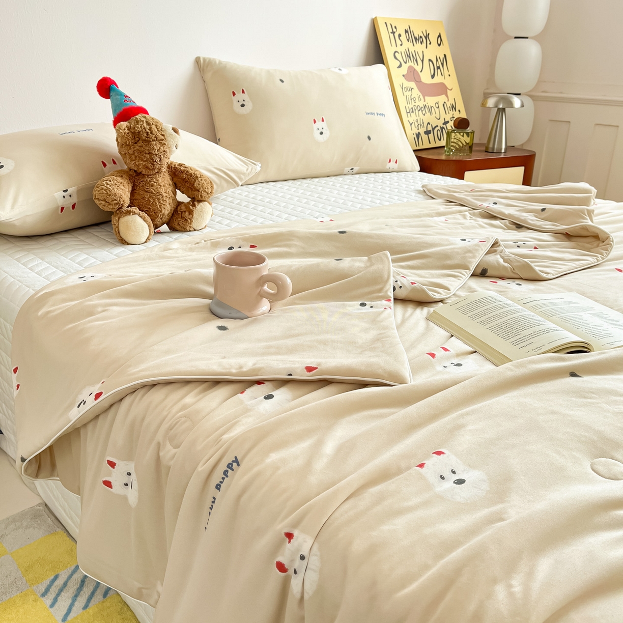 91家纺网 家纺一手货源 找家纺 一加一 2026新款A类牛奶丝针织棉大豆夏被夏凉被空调被 可乐修狗