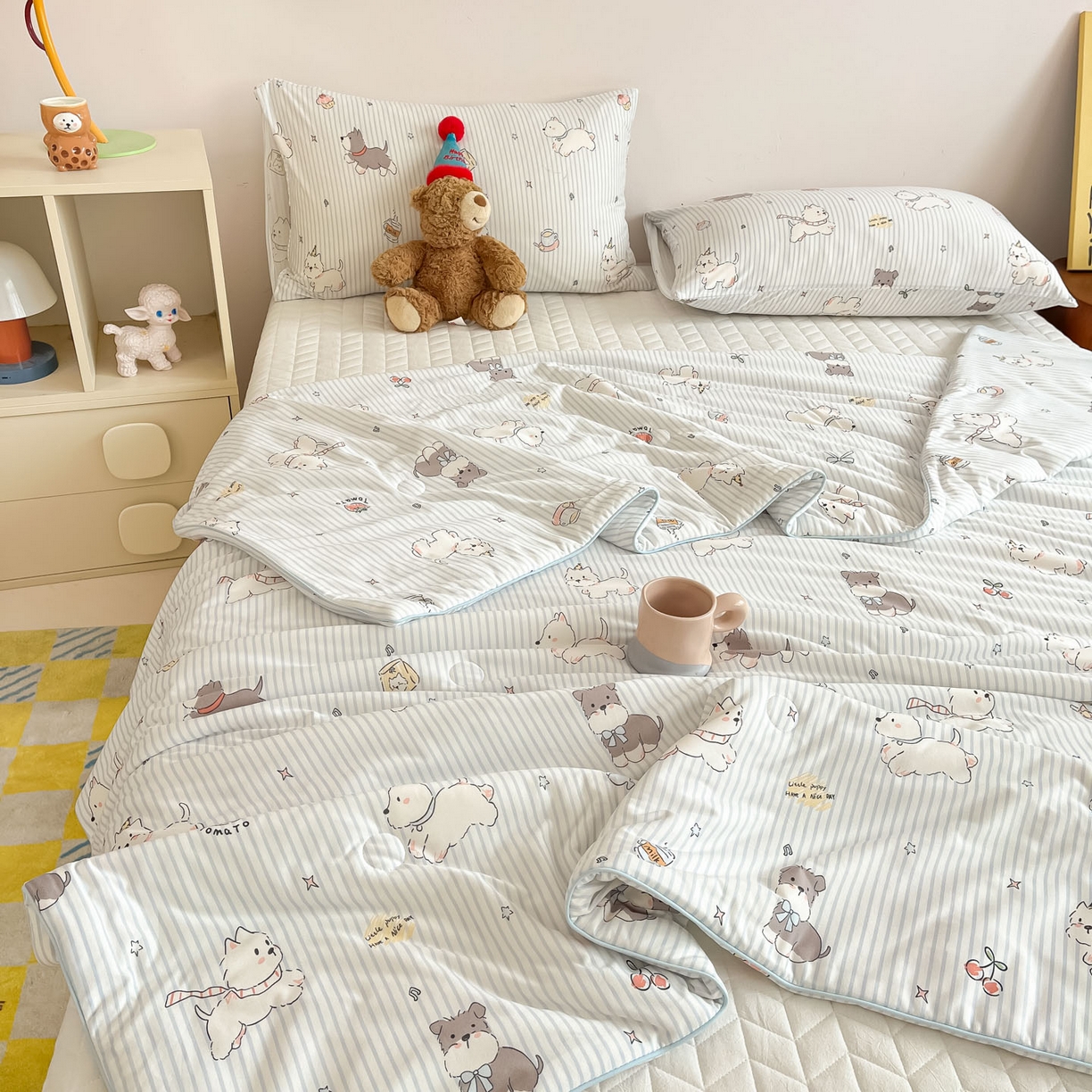 91家纺网 家纺一手货源 找家纺 一加一 2026新款A类牛奶丝针织棉大豆夏被夏凉被空调被 条纹西高地