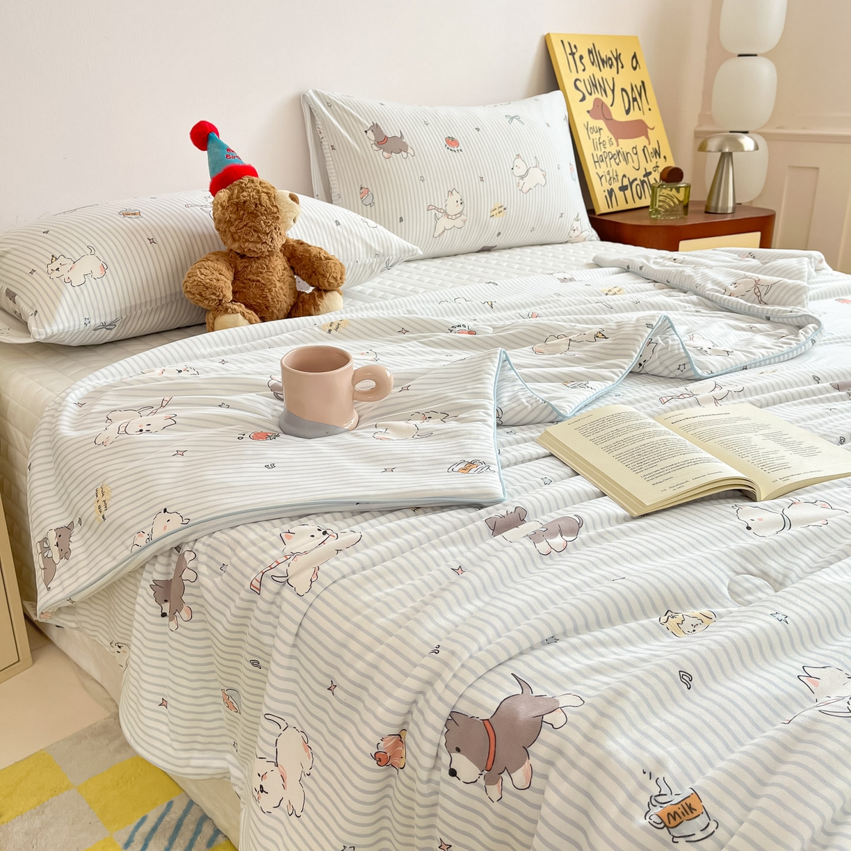 91家纺网 家纺一手货源 找家纺 一加一 2026新款A类牛奶丝针织棉大豆夏被夏凉被空调被 条纹西高地