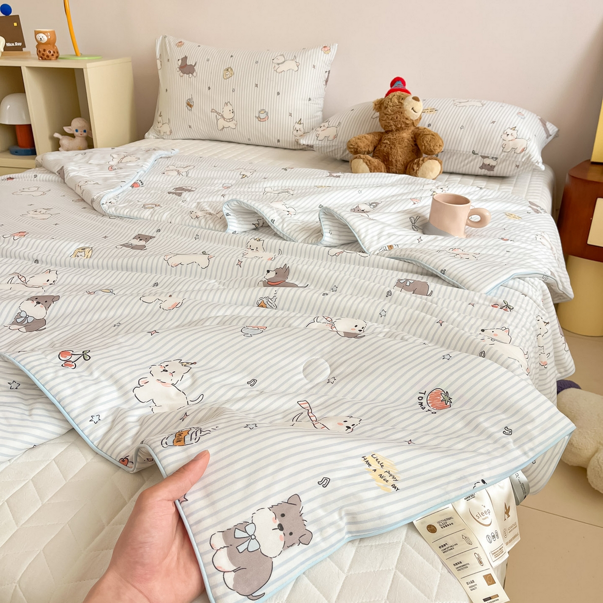 91家纺网 家纺一手货源 找家纺 一加一 2026新款A类牛奶丝针织棉大豆夏被夏凉被空调被 条纹西高地