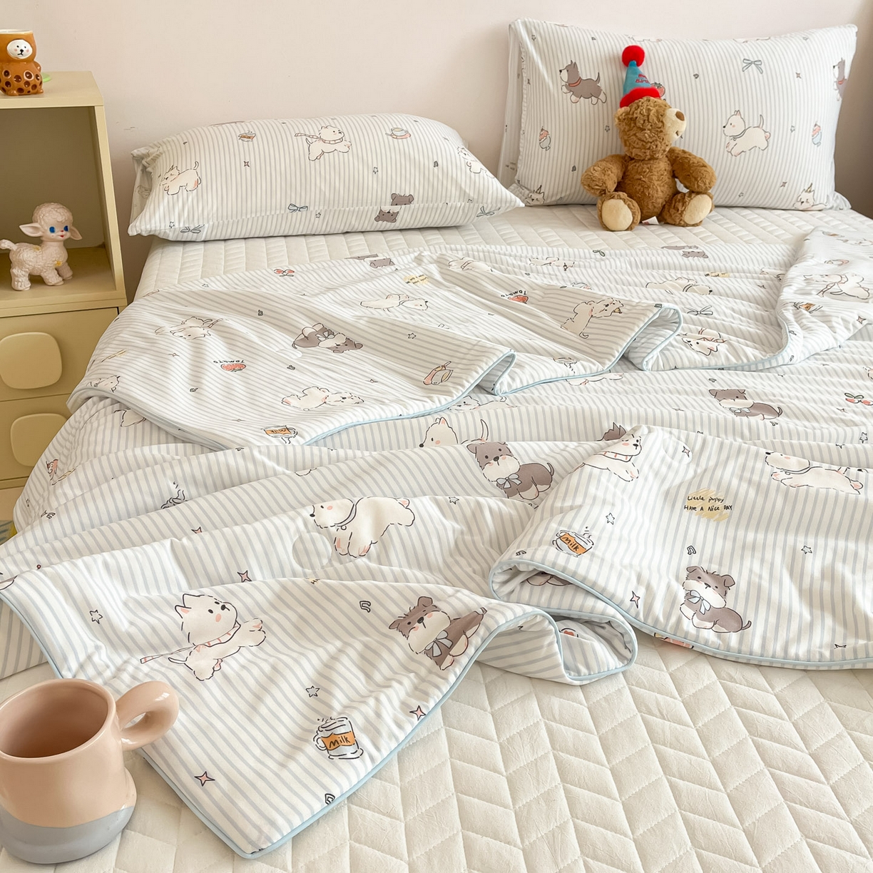 91家纺网 家纺一手货源 找家纺 一加一 2026新款A类牛奶丝针织棉大豆夏被夏凉被空调被 条纹西高地