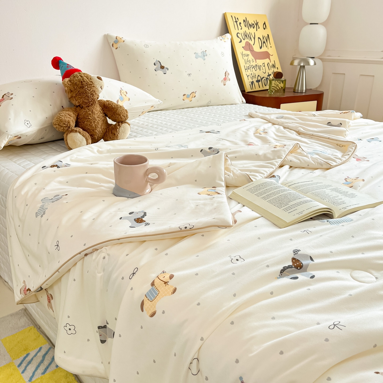 91家纺网 家纺一手货源 找家纺 一加一 2026新款A类牛奶丝针织棉大豆夏被夏凉被空调被 快乐小马驹