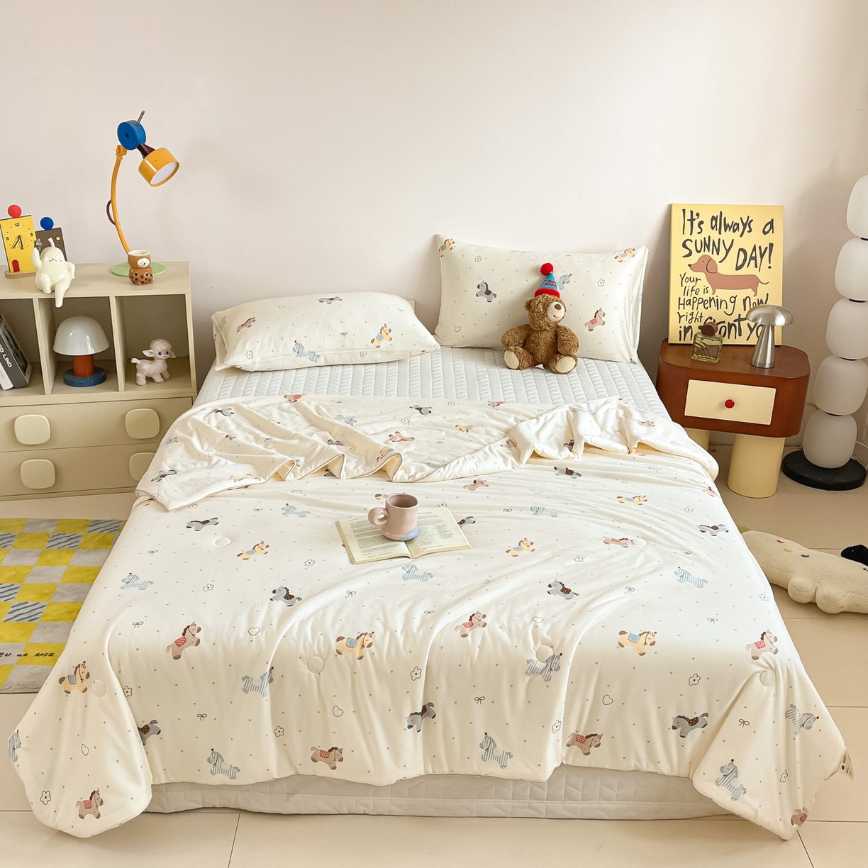 91家纺网 家纺一手货源 找家纺 一加一 2026新款A类牛奶丝针织棉大豆夏被夏凉被空调被 快乐小马驹