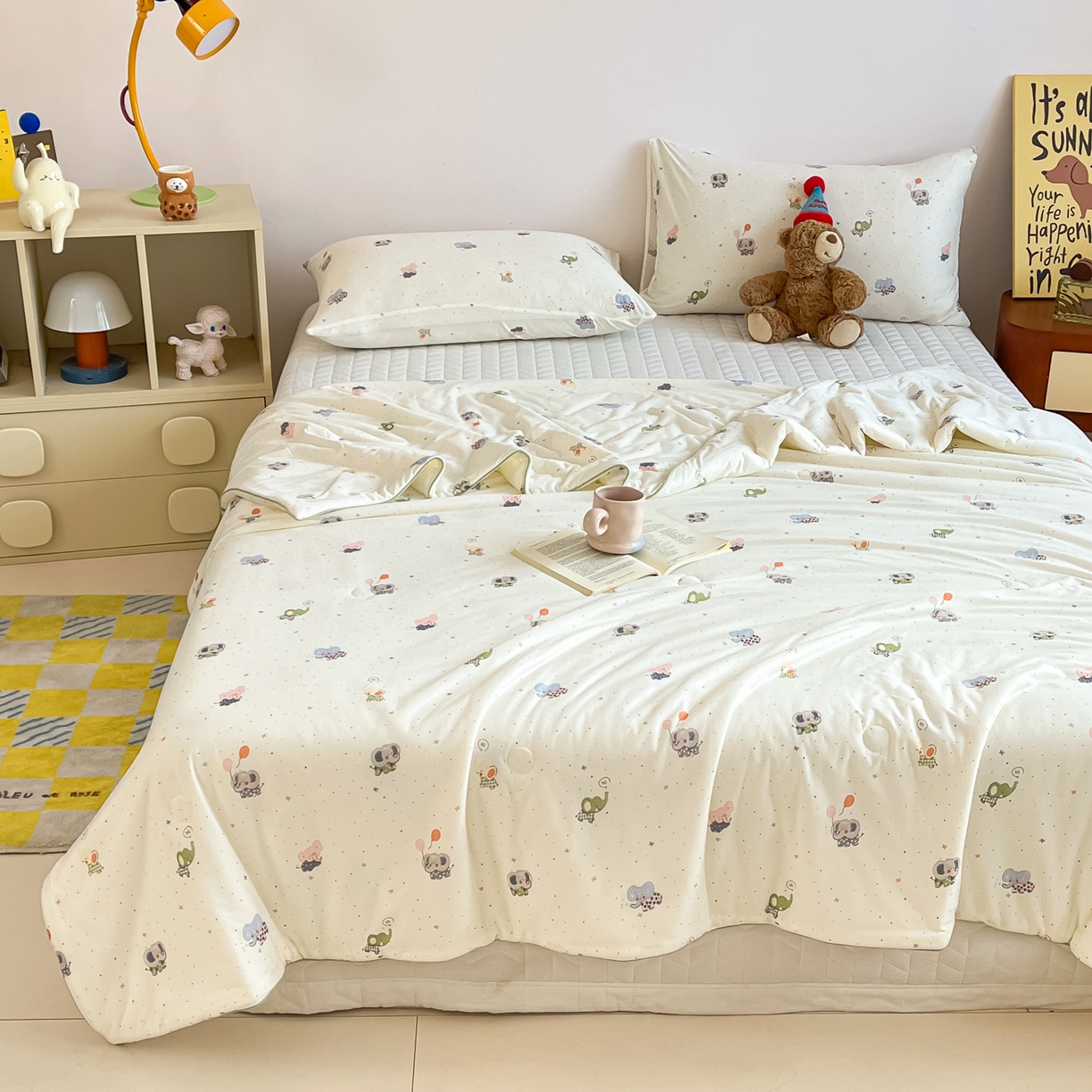 91家纺网 家纺一手货源 找家纺 一加一 2026新款A类牛奶丝针织棉大豆夏被夏凉被空调被 小象来喽