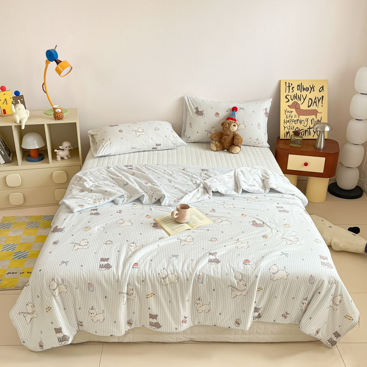 91家纺网 家纺一手货源 找家纺 一加一 2026新款A类牛奶丝针织棉大豆夏被夏凉被空调被 条纹西高地