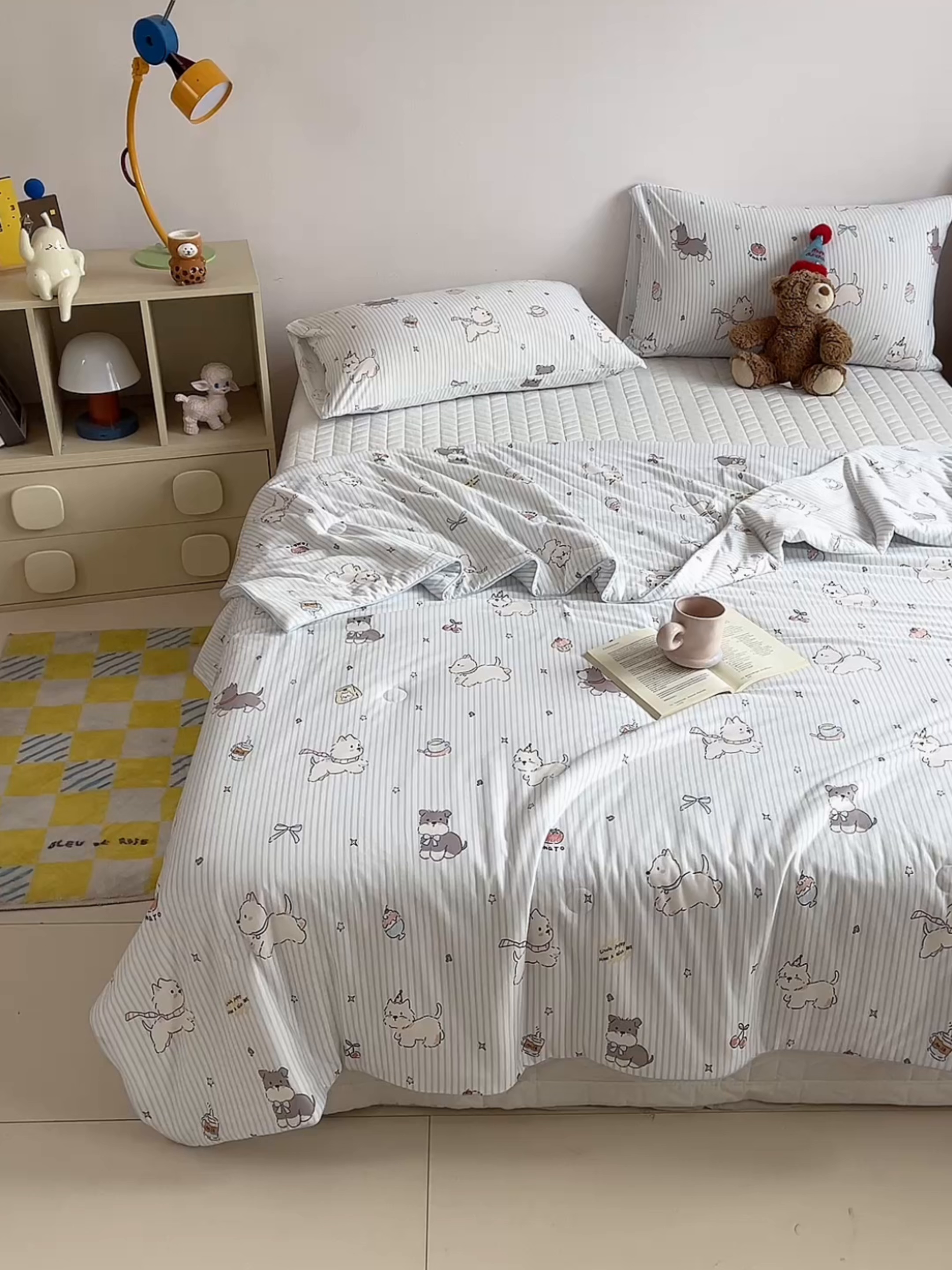 91家纺网 家纺一手货源 找家纺 一加一 2026新款A类牛奶丝针织棉大豆夏被夏凉被空调被 条纹西高地