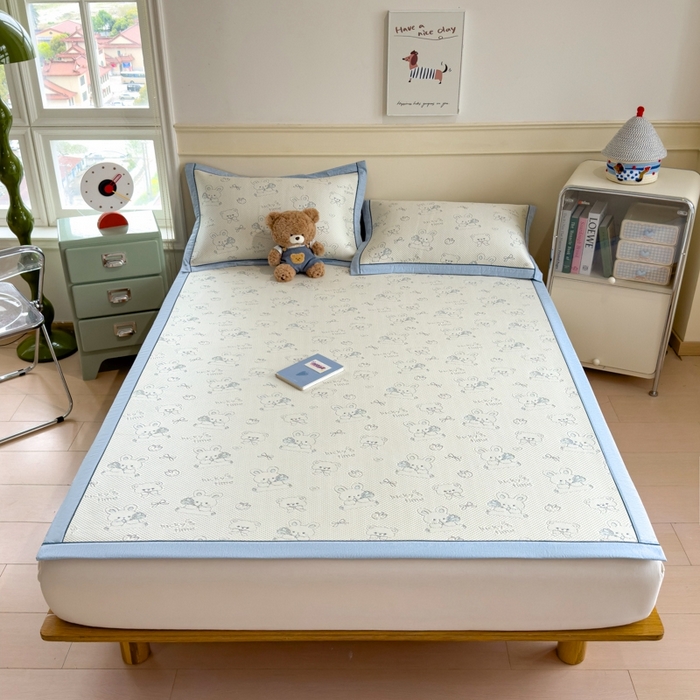 91家纺网 家纺一手货源 找家纺 印季家纺 2026新款卡通凉感提花豆豆席凉席席子三件套 蓝兔