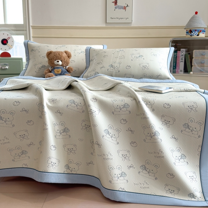 91家纺网 家纺一手货源 找家纺 印季家纺 2026新款卡通凉感提花豆豆席凉席席子三件套 蓝兔