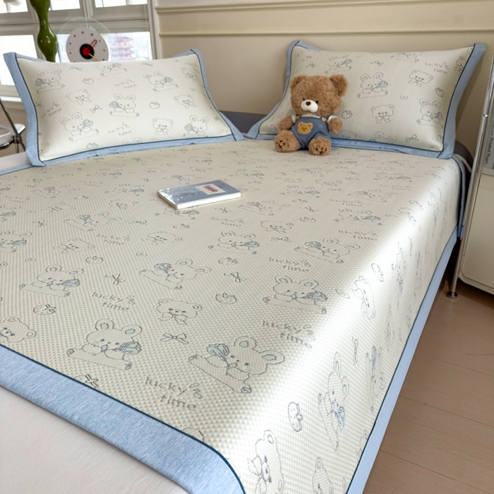 91家纺网 家纺一手货源 找家纺 印季家纺 2026新款卡通凉感提花豆豆席凉席席子三件套 蓝兔