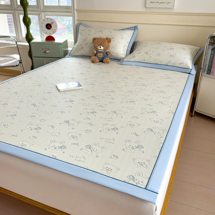 91家纺网 家纺一手货源 找家纺 印季家纺 2026新款卡通凉感提花豆豆席凉席席子三件套 蓝兔