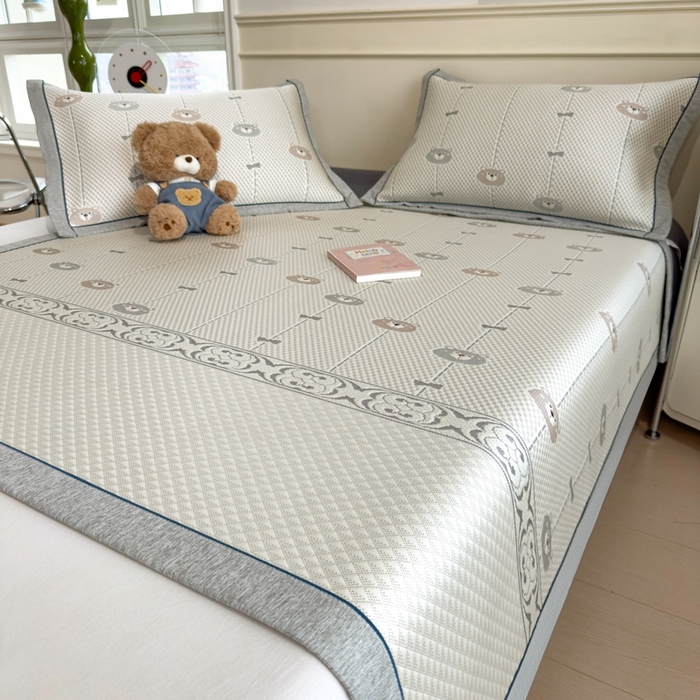 91家纺网 家纺一手货源 找家纺 印季家纺 2026新款卡通凉感提花豆豆席凉席席子三件套 条纹熊