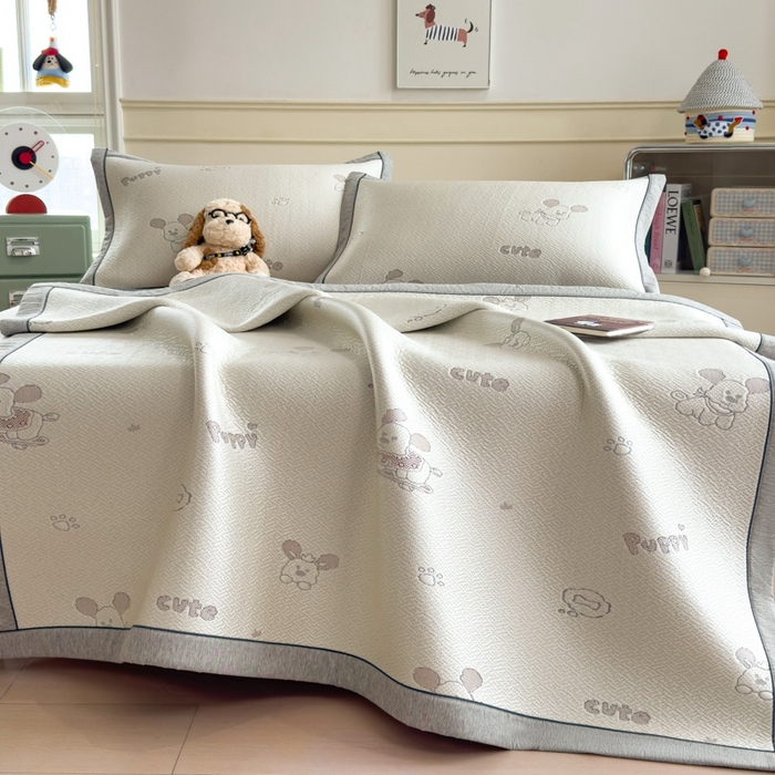 91家纺网 家纺一手货源 找家纺 印季家纺 2026新款卡通凉感提花豆豆席凉席席子三件套 滑板狗