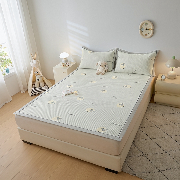 91家纺网 家纺一手货源 找家纺 印季家纺 2026新款卡通凉感提花豆豆席凉席席子三件套 小黑羊