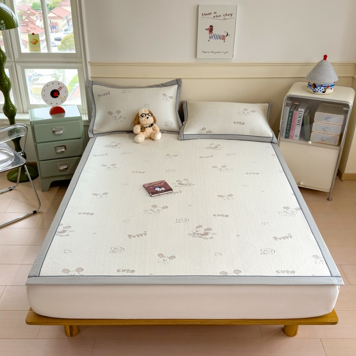 91家纺网 家纺一手货源 找家纺 印季家纺 2026新款卡通凉感提花豆豆席凉席席子三件套 滑板狗